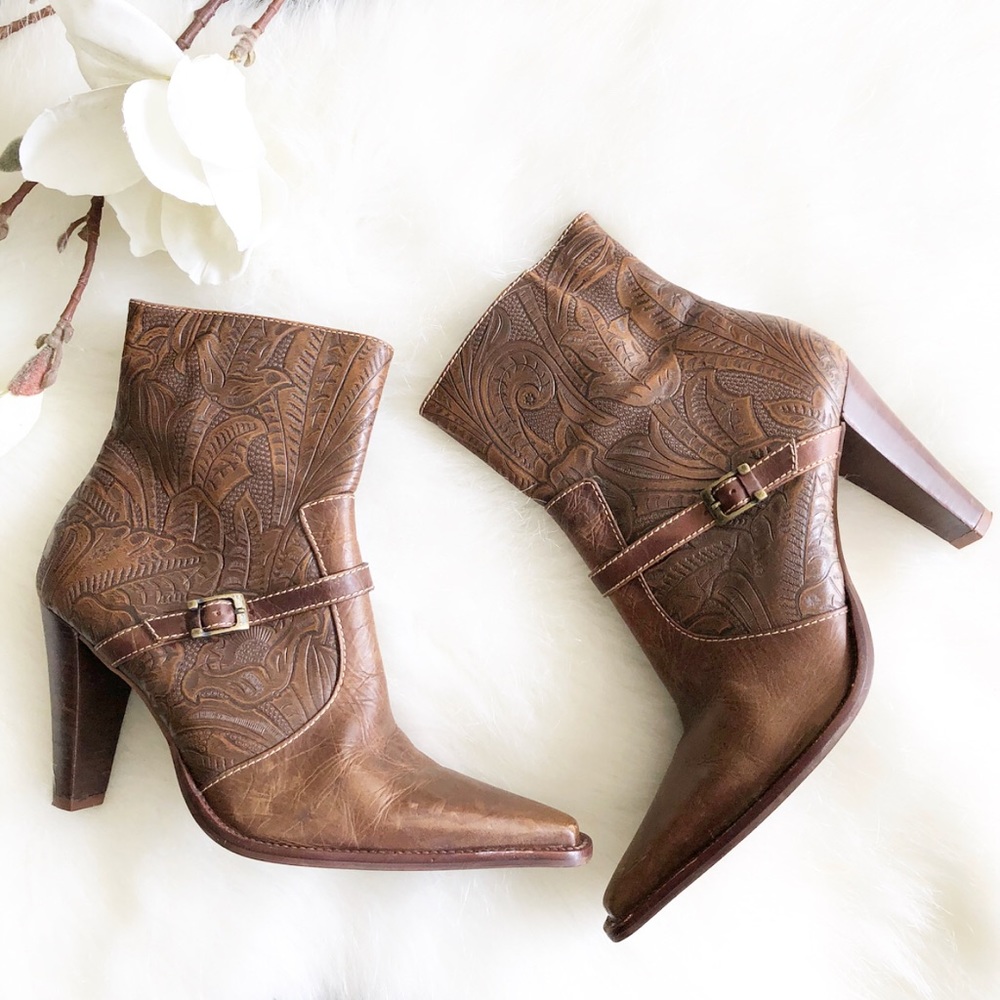 Brown Rustic Embroidered Ankle Boots